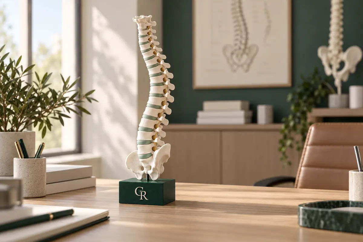 Modelo de coluna vertebral em impressão 3D sobre base com monograma