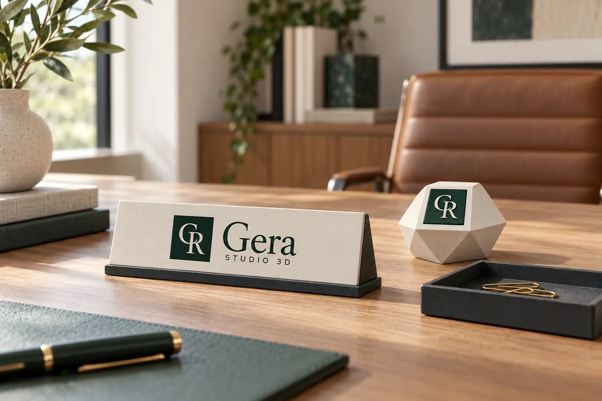 Conjunto de mesa com placa de nome com logo, peso de papel e bandeja em mesa de madeira