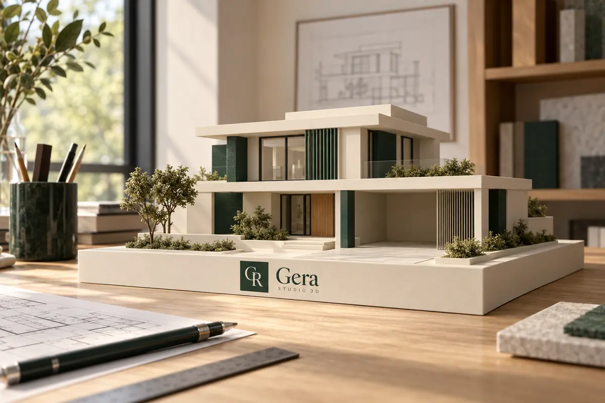 Maquete de casa moderna de dois andares sobre mesa de escritório de arquitetura