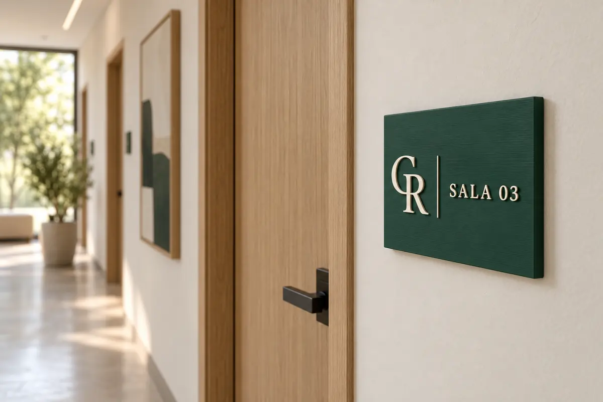 Placa de porta esmeralda com monograma e o texto SALA 03 ao lado de uma porta de madeira